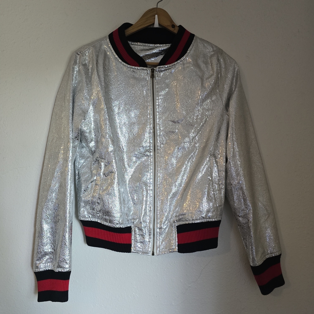 Silver Bomber Jacket with Black and Red Accents